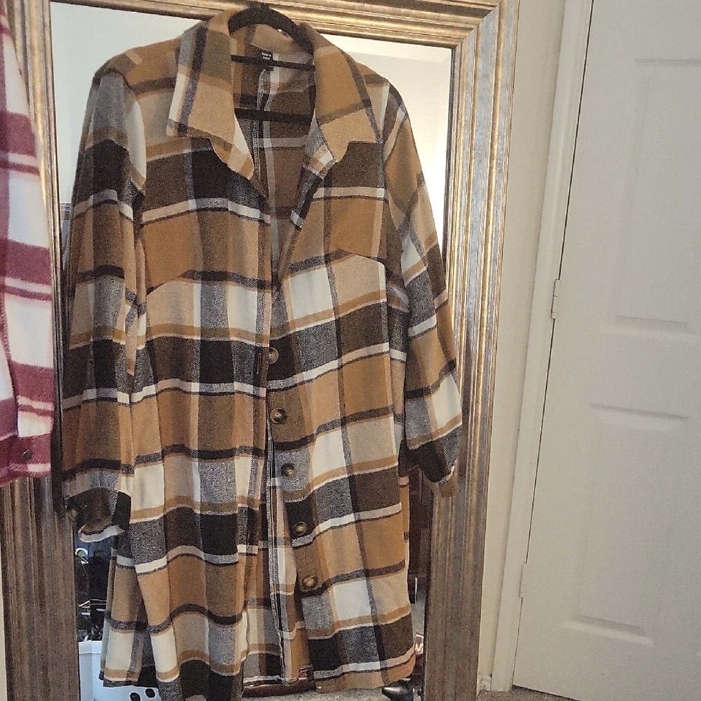 SHEIN Plaid Shacket in Tan and Black No Pockets
